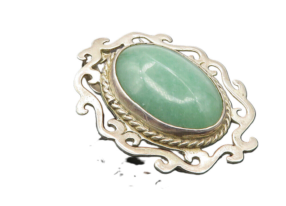 LM MEXICO 925 Silver  Vintage Cabochon Cut Jade Swirl Brooch Pin  BP3621