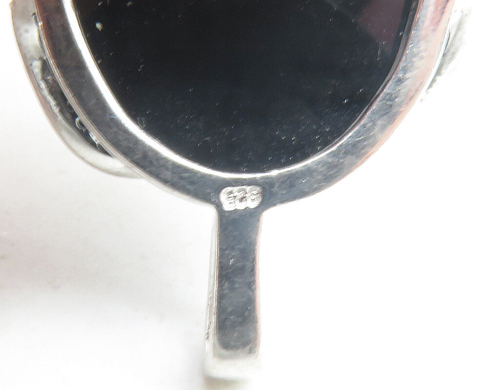 925 Sterling Silver  Cabochon Cut Black Onyx & Topaz Oval Pendant  PT9662
