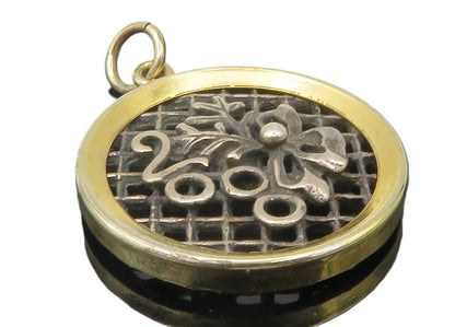 925 Sterling Silver  Two Tone 2000 Floral Ribbon Bow Round Pendant  PT9622