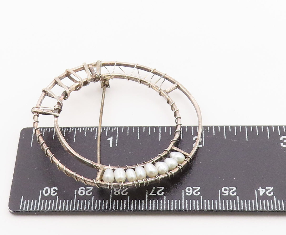 925 Sterling Silver Vintage Brooch Pin Modern Wire Wrapped Pearl Circle  BP12594
