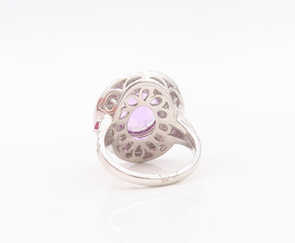 925 Sterling Silver Vintage Ring Oval Amethyst Halo 2 Tone CZ Bands Sz 7 RG30133