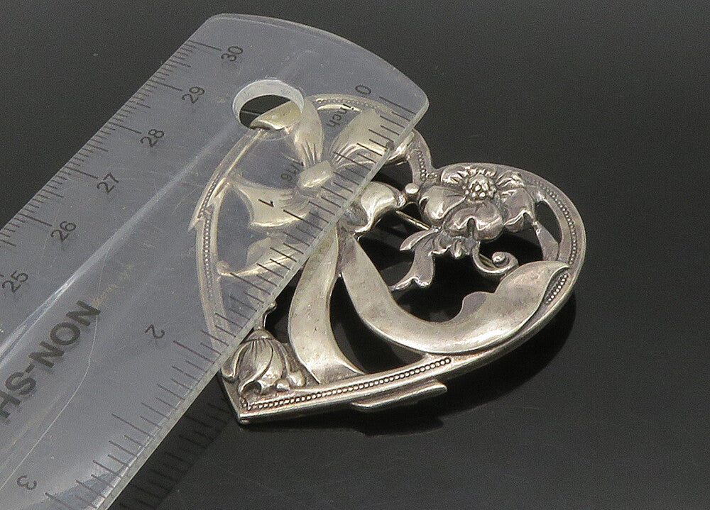 925 Sterling Silver  Vintage Bow Tied Ribbon Floral Heart Brooch Pin  BP8951