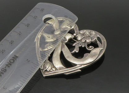 925 Sterling Silver  Vintage Bow Tied Ribbon Floral Heart Brooch Pin  BP8951