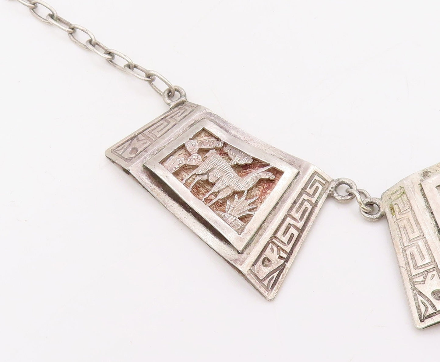 925 Sterling Silver Vintage Necklace Carved Storyteller Panel Choker   NE4684