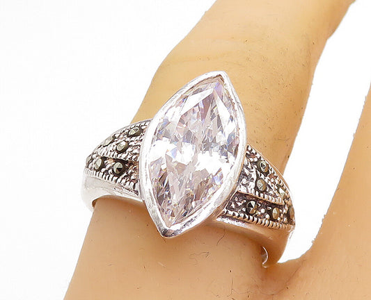 925 Silver  Vintage Cubic Zirconia & Marcasite Cocktail Ring Sz 8  RG4907