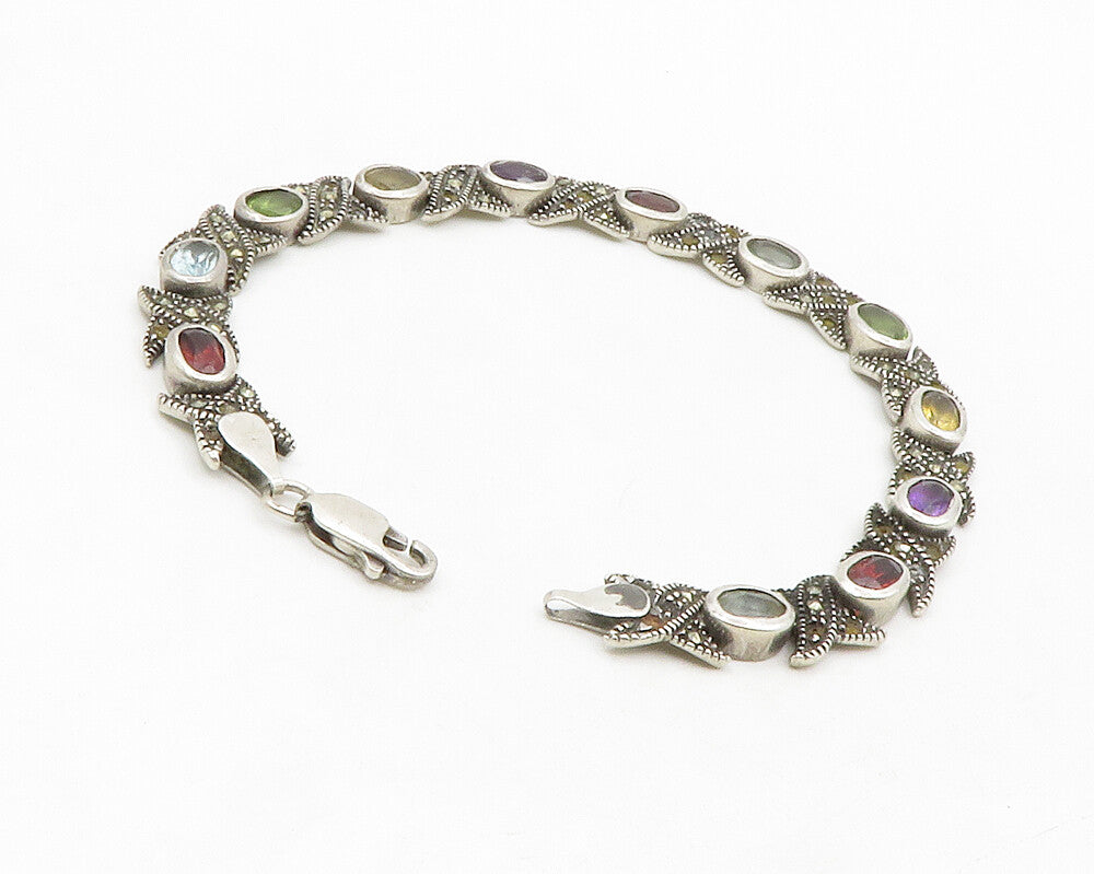 925 Sterling Silver Vintage Topaz Peridot & Multi Stone Chain Bracelet BT5096