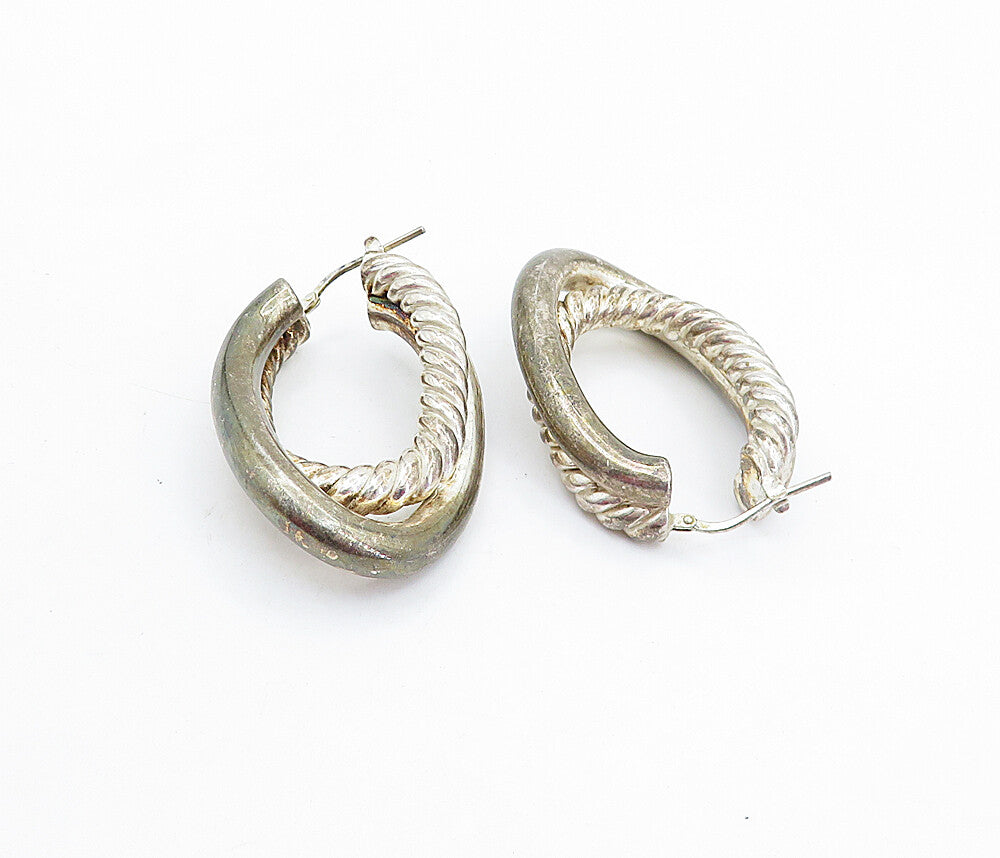925 Sterling Silver  Vintage Dark Tone Hollow Twist Hoop Earrings  EG2743