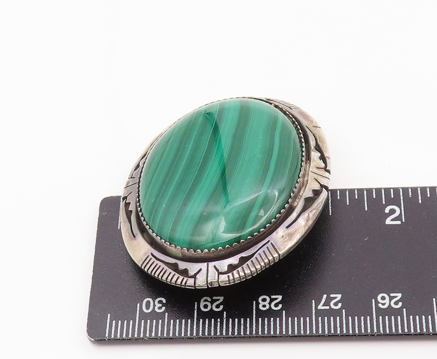 925 Sterling Silver Vintage Brooch Pin NAVAJO Oval Cabochon Malachite  BP12341