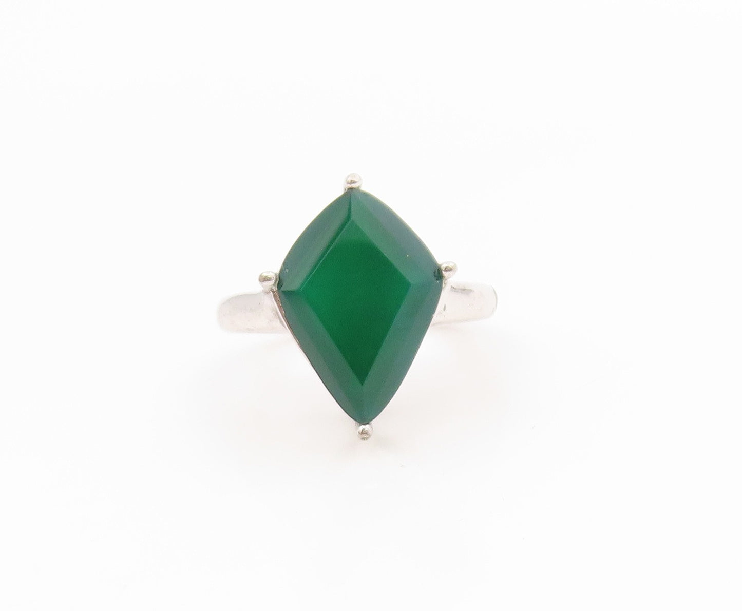 925 Sterling Silver Vintage Ring Faceted Green Onyx Solitaire Band Sz 6 RG34598