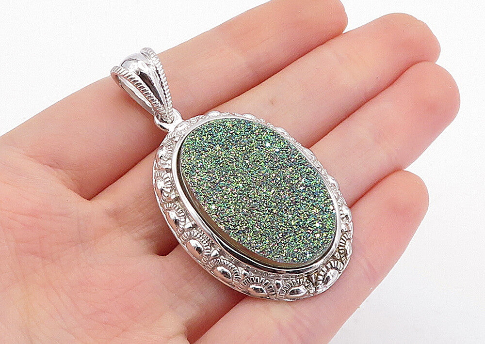 925 Sterling Silver  Vintage Green Druzy Patterned Border Drop Pendant  PT3697