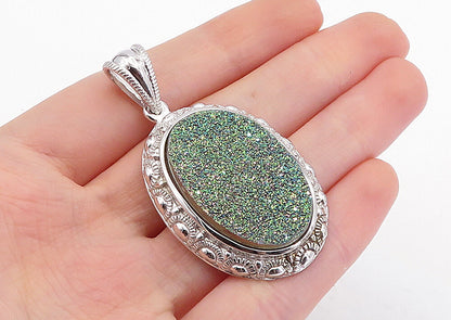 925 Sterling Silver  Vintage Green Druzy Patterned Border Drop Pendant  PT3697