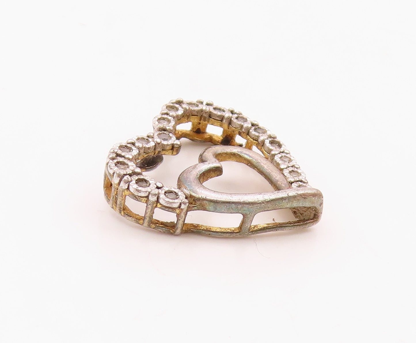 925 Sterling Silver  Vintage Genuine Diamonds Open Love Hearts Pendant PT14294