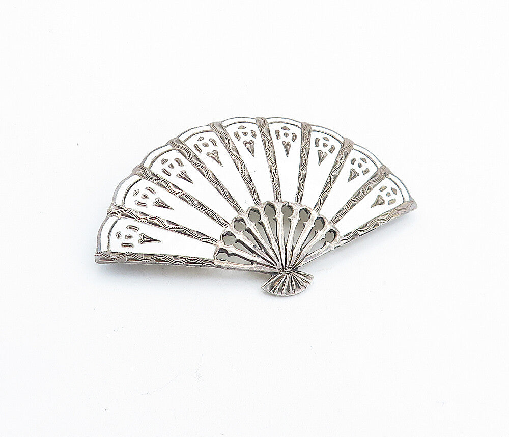 SIAM 925 Sterling Silver  Vintage Enamel Coated Hand Fan Brooch Pin  BP2410