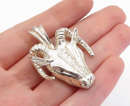 925 Sterling Silver  Vintage Shiny Sculpted Ram's Head Drop Pendant  PT4527