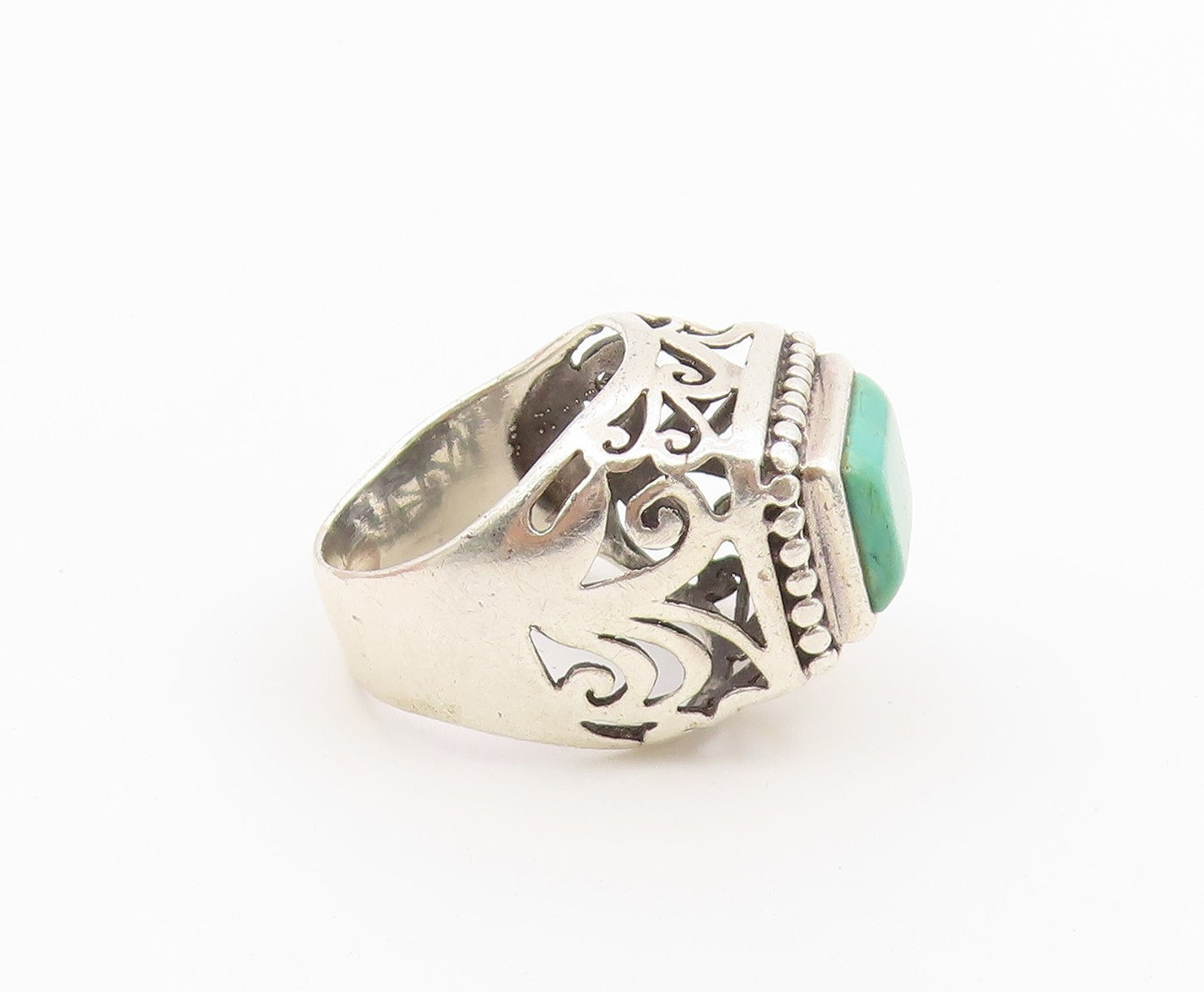 925 Sterling Silver Vintage Ring Turquoise Open Scrollwork Band  Sz 8  RG36633