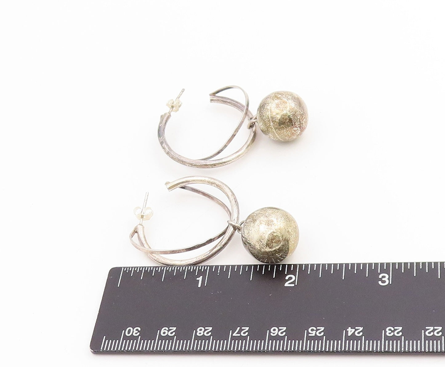 925 Sterling Silver Vintage Earrings Double Hoop Geometric Sphere Dangle EG13757