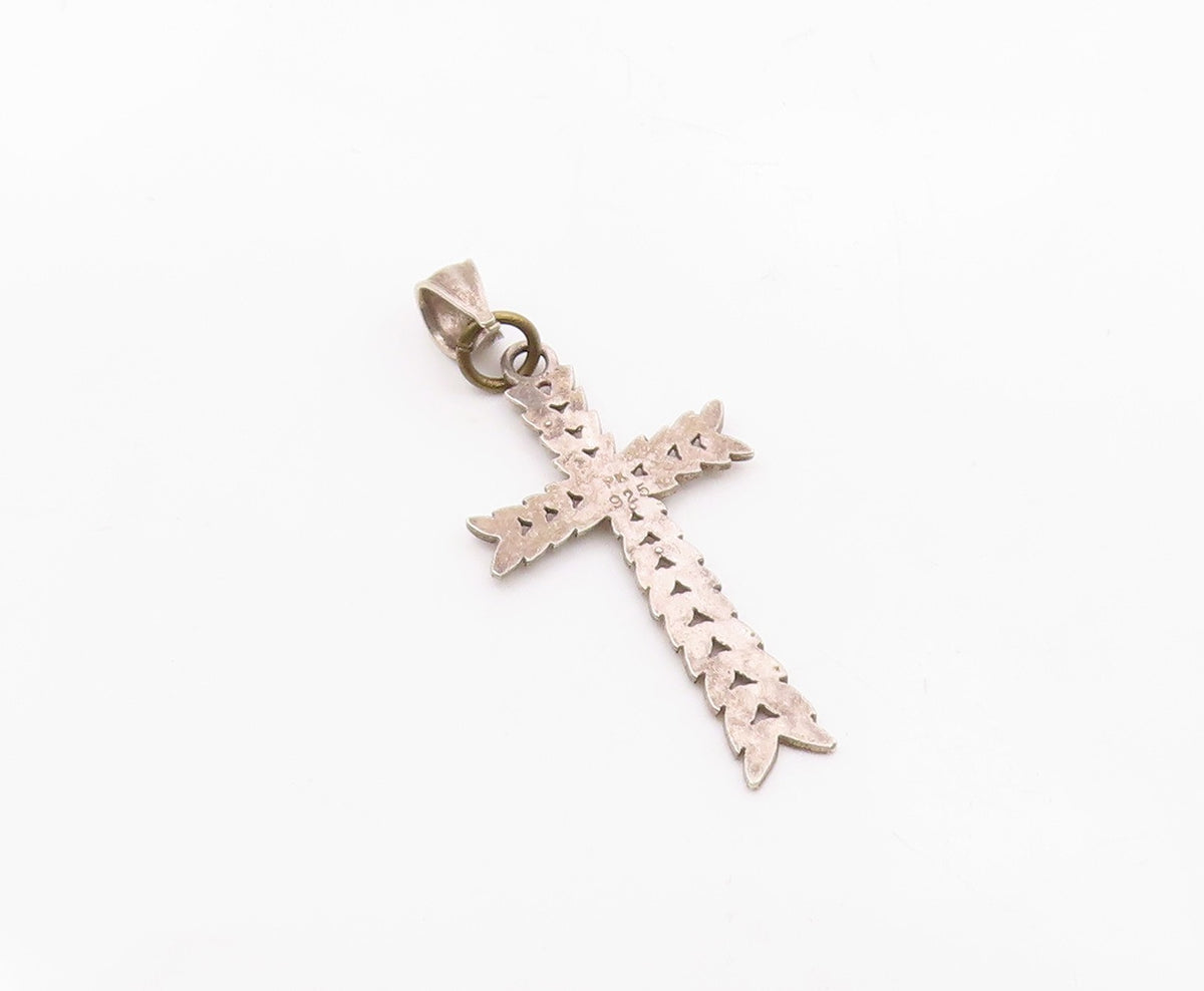 925 Sterling Silver  Vintage Floral Leaf Religious Cross Pendant  PT12091