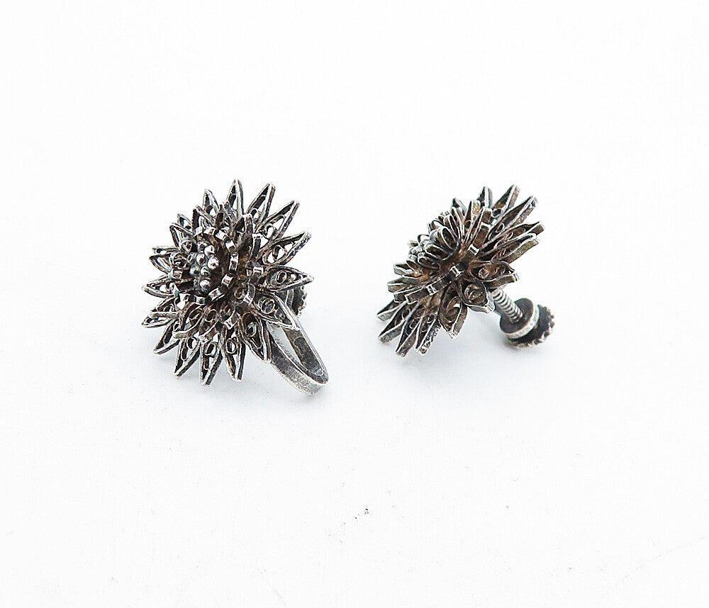925 Sterling Silver  Vintage Dark Tone Floral Non Pierce Drop Earrings  EG2640