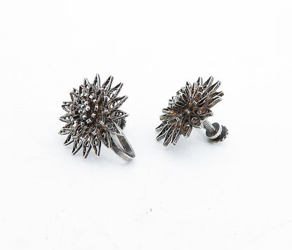 925 Sterling Silver  Vintage Dark Tone Floral Non Pierce Drop Earrings  EG2640
