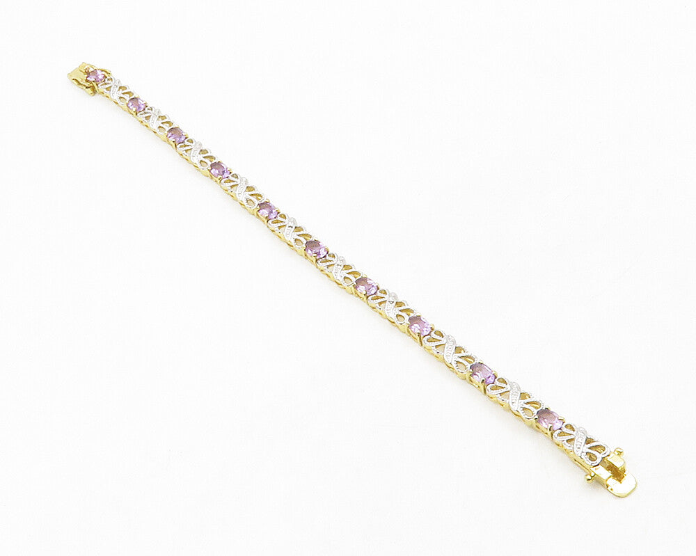 925 Sterling Silver Genuine Diamonds & Amethyst Two Tone Chain Bracelet  BT5120