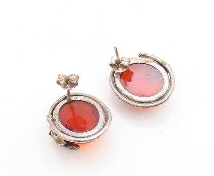 925 Sterling Silver Vintage Earrings Designer Floral Cabochon Amber  EG13288