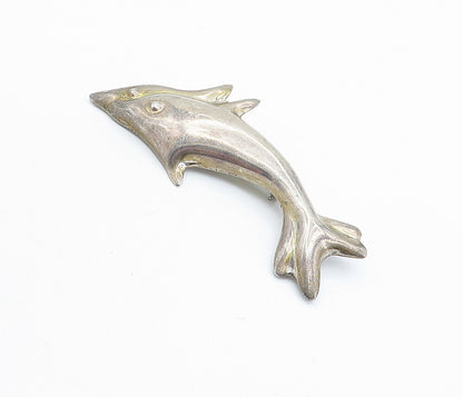 MEXICO 925 Sterling Silver  Vintage Double Dolphin Love Brooch Pin  BP2453