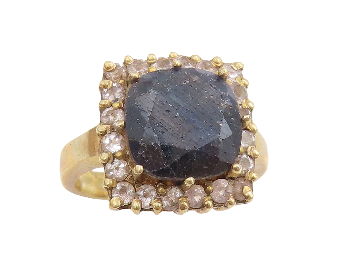 925 Sterling Silver Vintage Ring Gold Plated Square Framed Gem & CZ Sz 6 RG30532