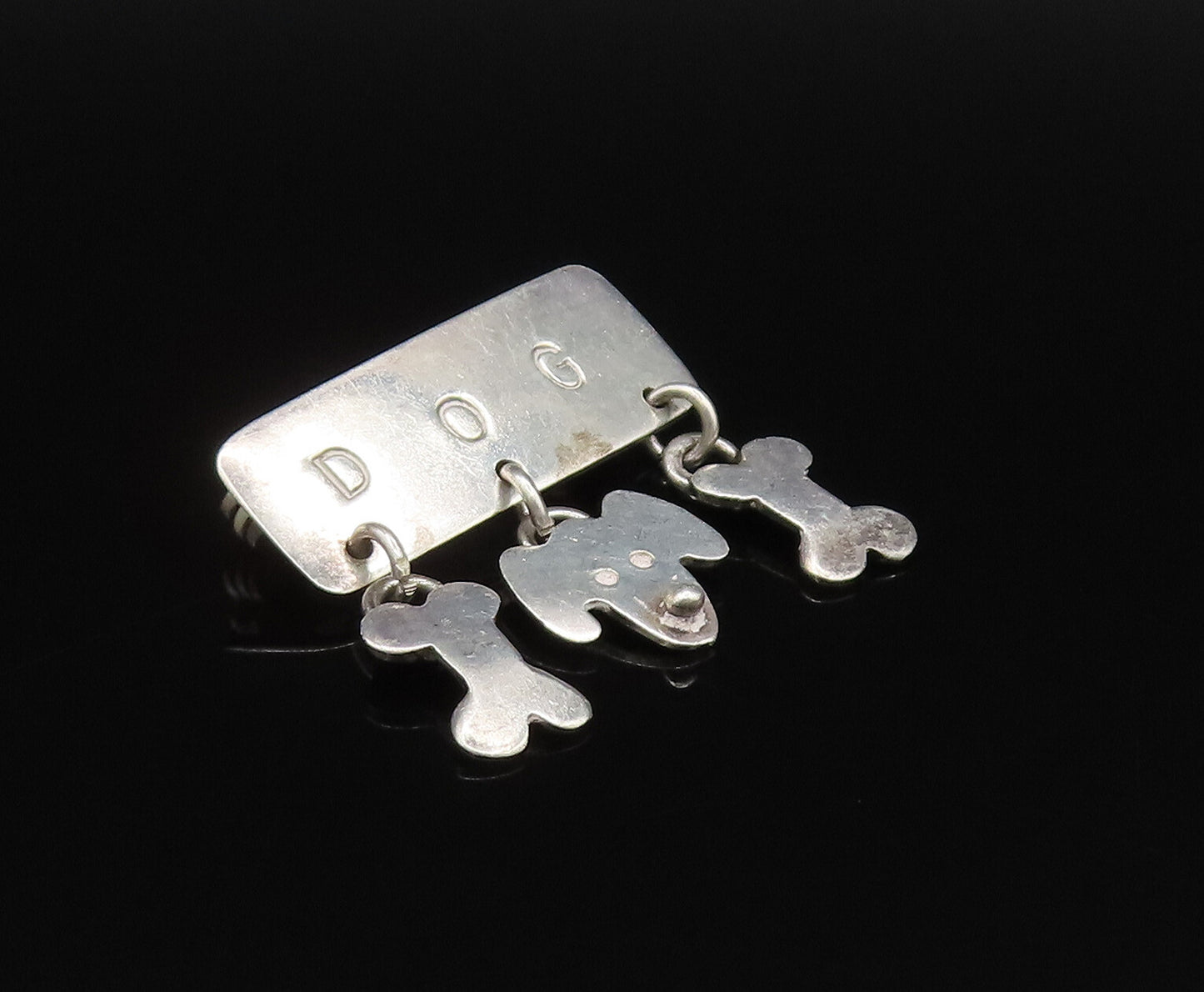 A&J HARVEY 925 Silver  Vintage Engraved Dog & Bones Charm Brooch Pin  BP9722