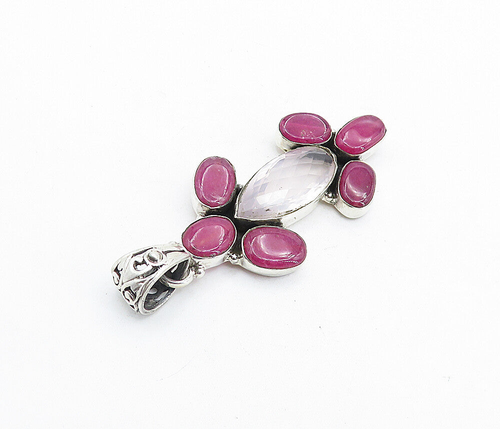 925 Sterling Silver  Vintage Faceted Topaz & Ruby Cluster Drop Pendant  PT4574