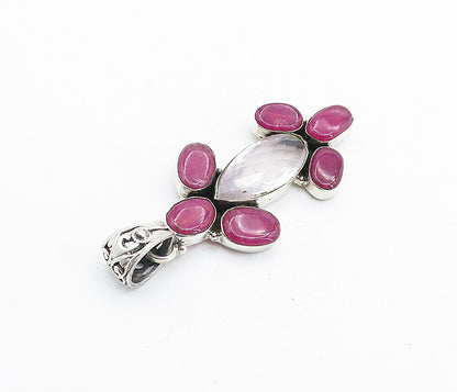 925 Sterling Silver  Vintage Faceted Topaz & Ruby Cluster Drop Pendant  PT4574