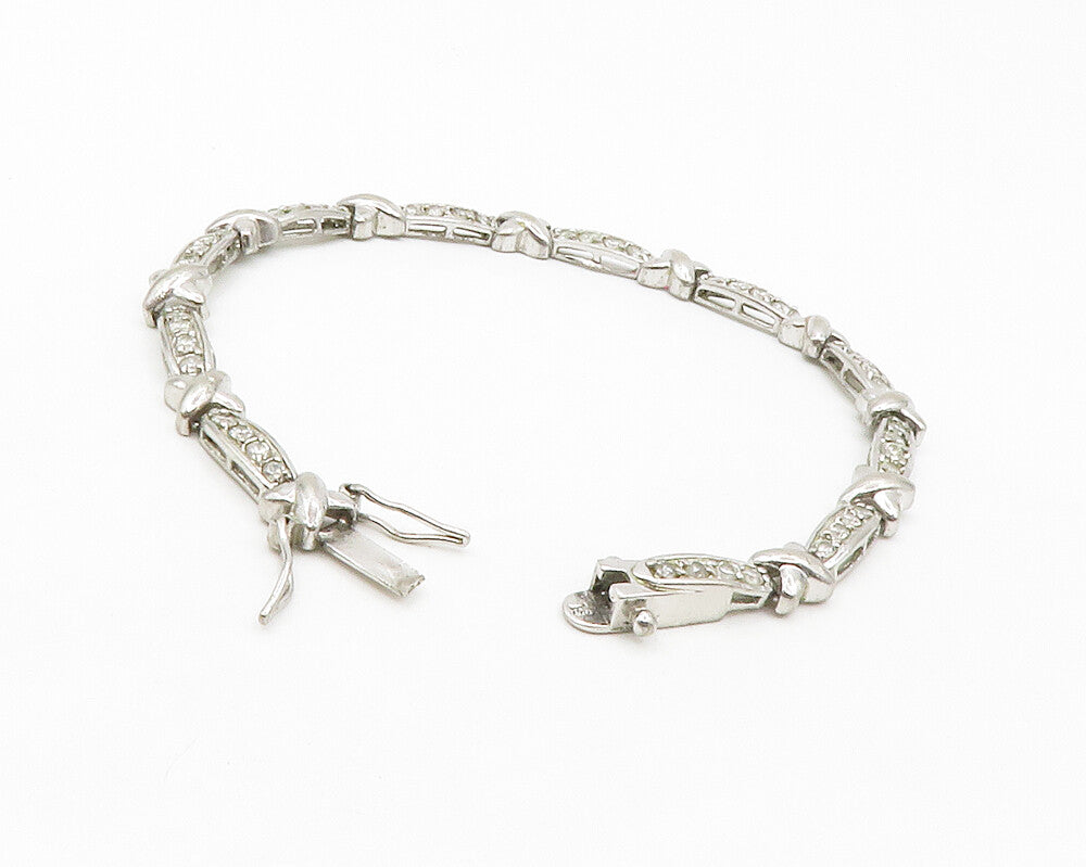 925 Sterling Silver  Shiny White Topaz X Bar Link Chain Bracelet  BT5238