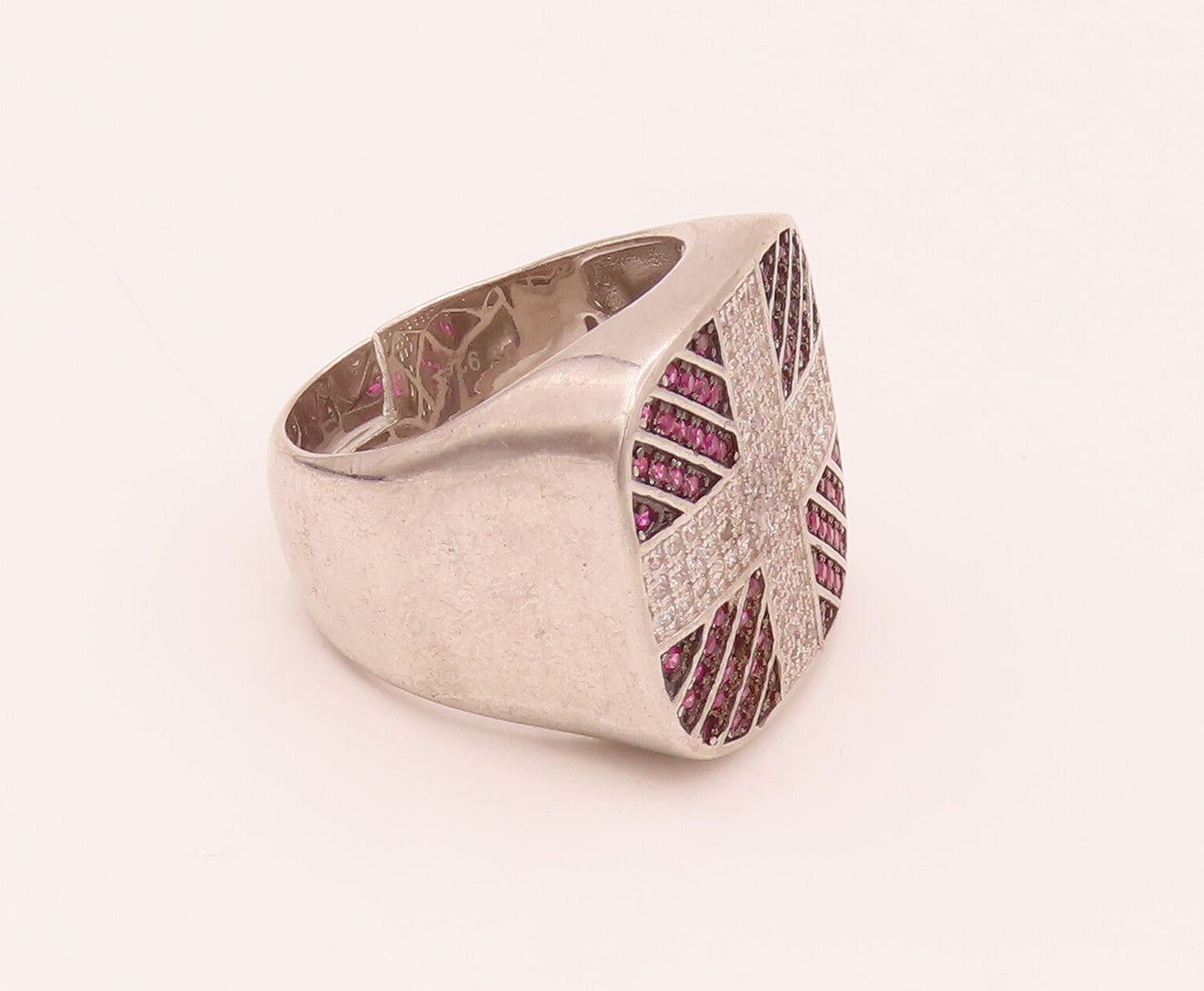 925 Sterling Silver  Vintage White & Red Lab Sapphire Cross Ring Sz 10 RG26565