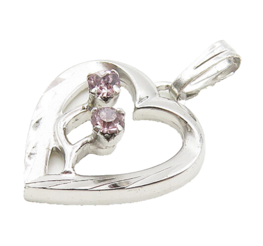 925 Sterling Silver  Shiny Petite Pink Topaz Open Love Heart Pendant  PT13881