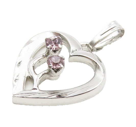 925 Sterling Silver  Shiny Petite Pink Topaz Open Love Heart Pendant  PT13881