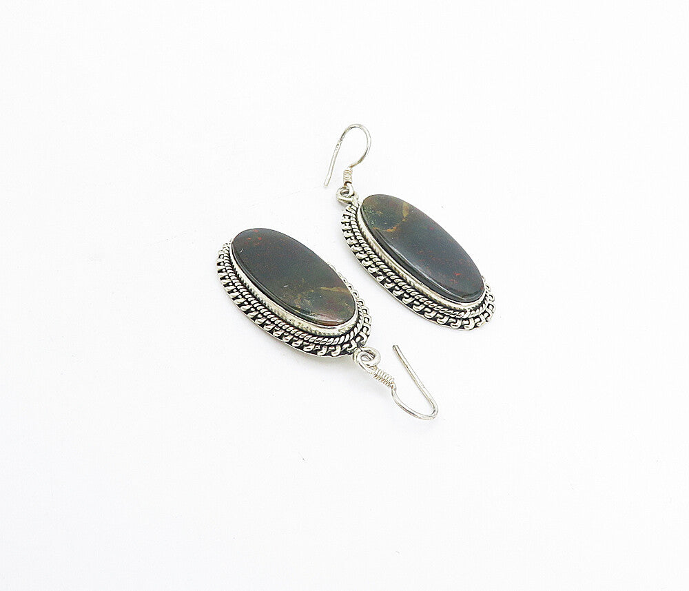 925 Sterling Silver Vintage Bloodstone Jasper Twist Dangle Earrings EG3750
