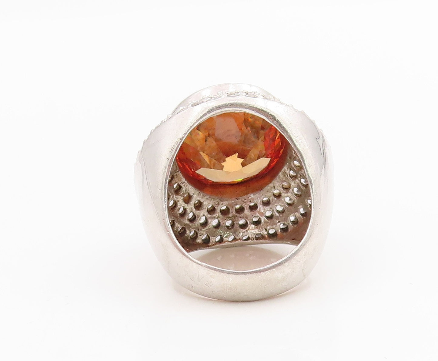 925 Sterling Silver Vintage Ring Citrine & Halo CZ Dome Band HEAVY Sz 9 RG34198