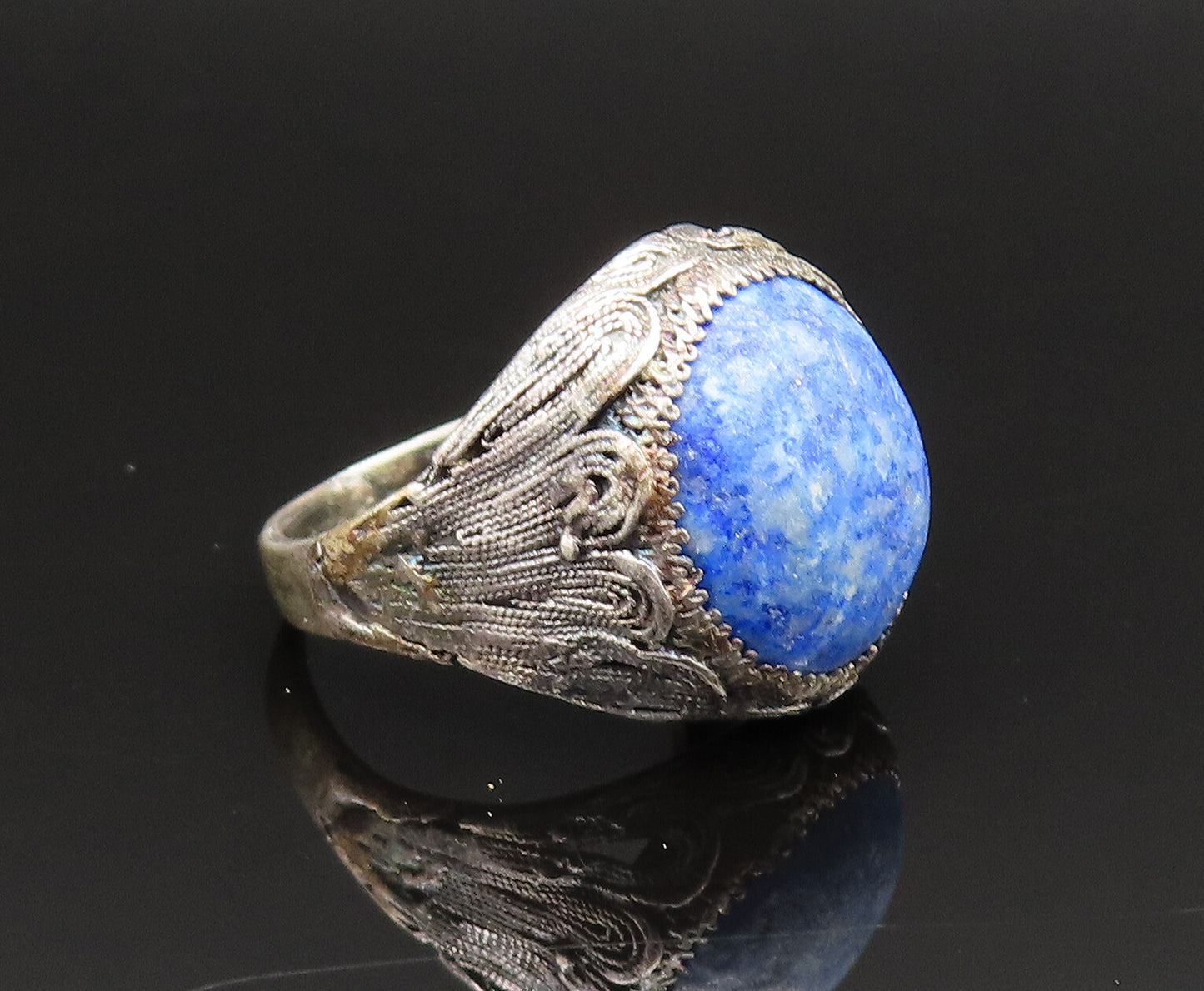 925 Silver  Vintage Antique Cabochon Sodalite Filigree Ring Sz 5  RG25481