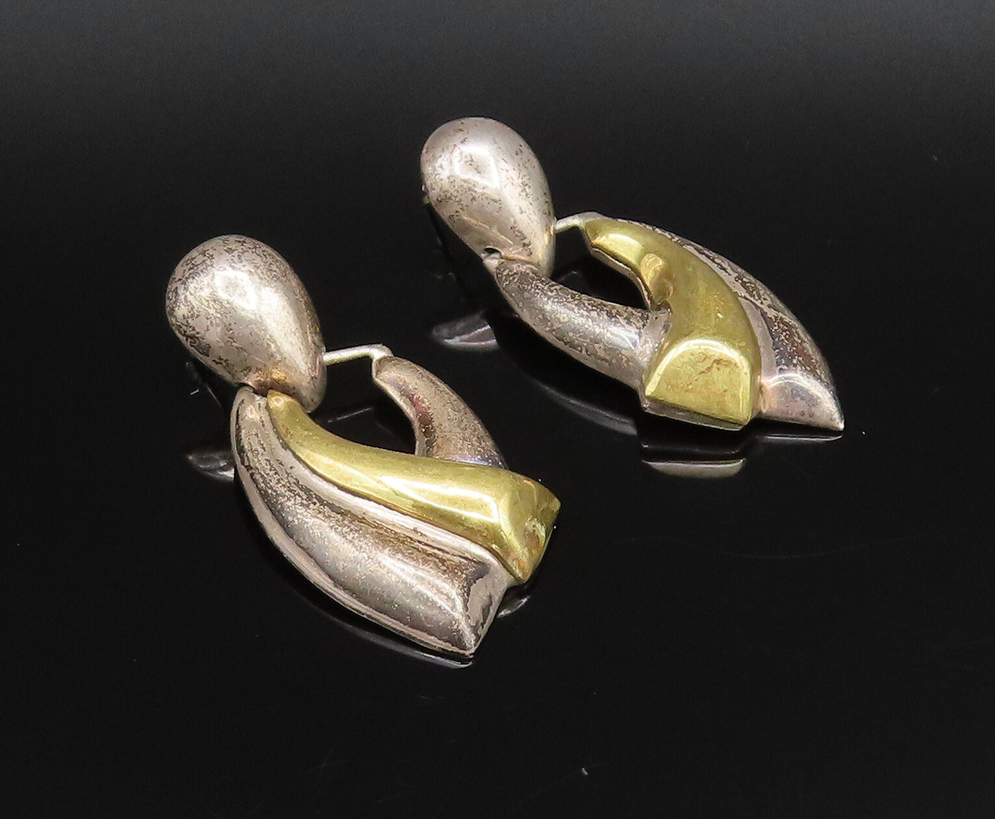 MEXICO 925 Silver  Vintage Two Tone Modernist Bypass Dangle Earrings  EG12201