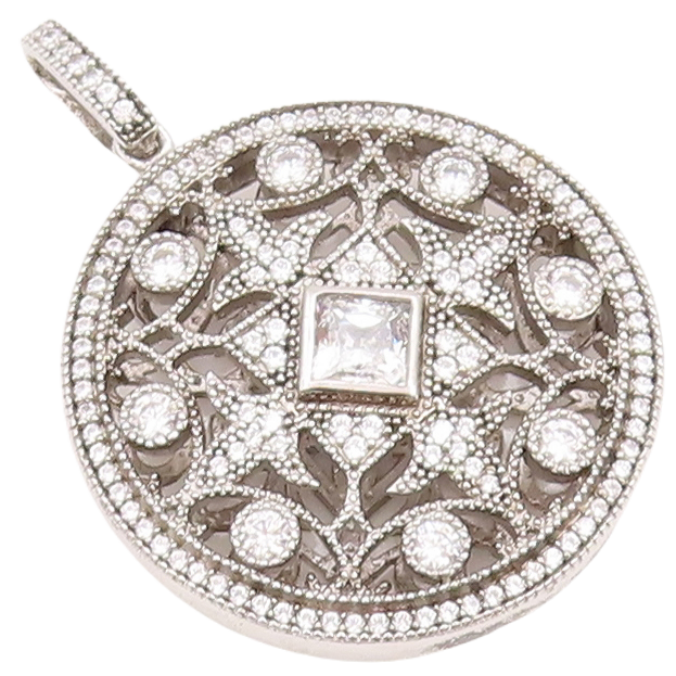 925 Sterling Silver Vintage Pendant Cutout Floral Design CZ Inlay  PT23300
