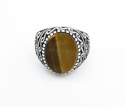 925 Sterling Silver Vintage Inlaid Tiger's Eye Dome Band Ring Sz 10.5 RG7362