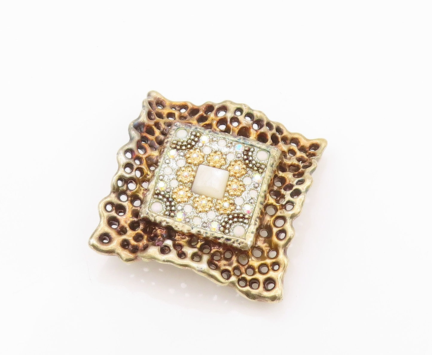 925 Sterling Silver Vintage Brooch Pin Gold Plated Brutalist Rhinestone  BP11554
