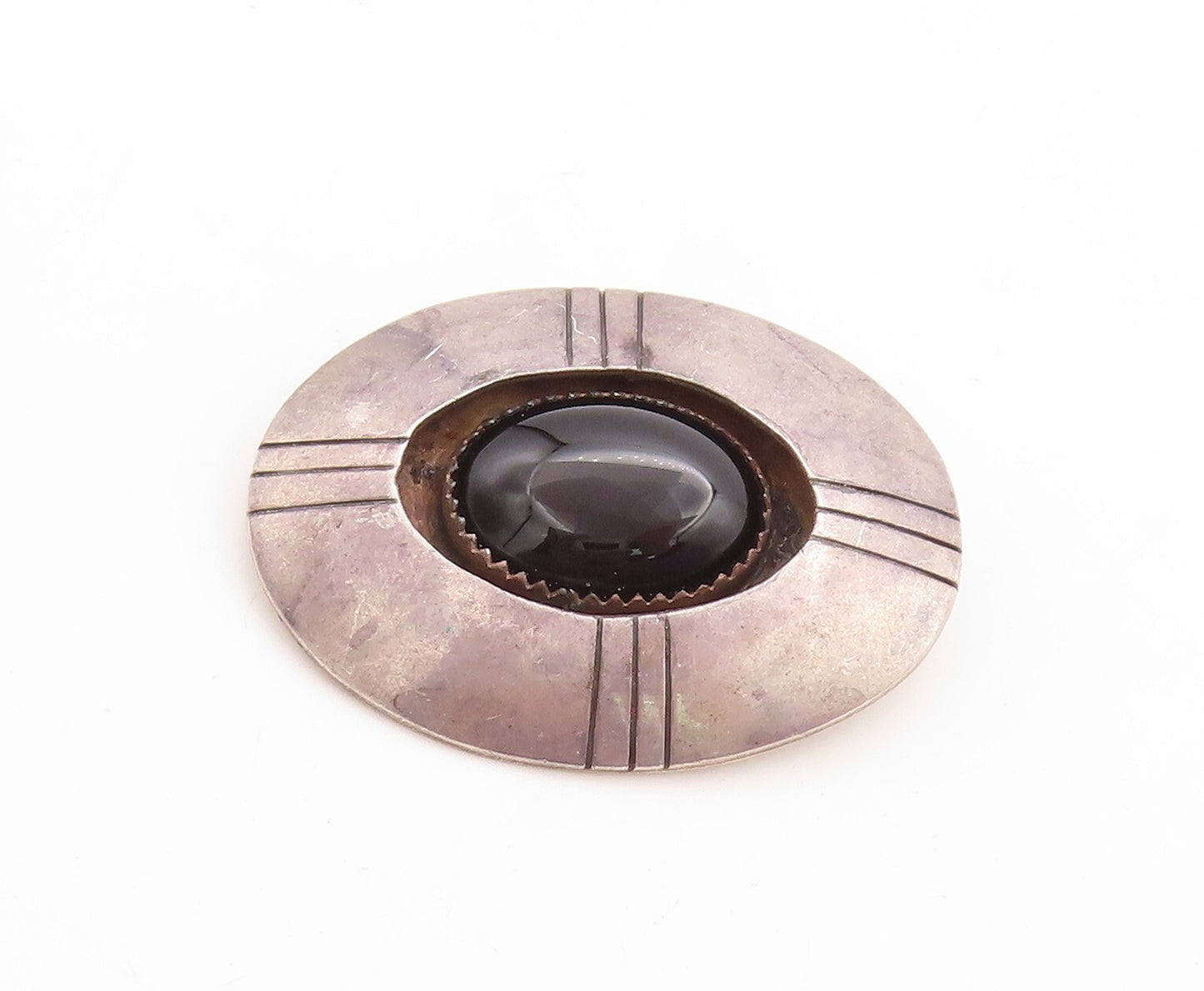 925 Sterling Silver Vintage Brooch Pin SOUTHWESTERN Oval Onyx Carved BP11404