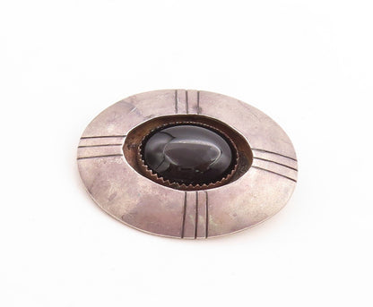 925 Sterling Silver Vintage Brooch Pin SOUTHWESTERN Oval Onyx Carved BP11404