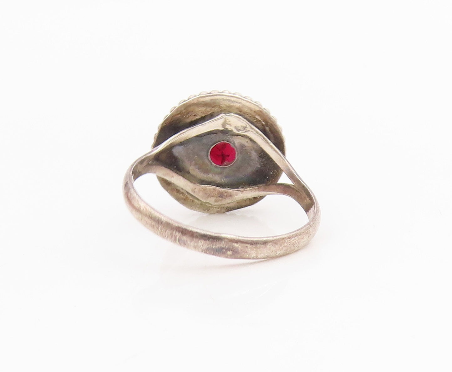 925 Sterling Silver Vintage Ring Cabochon Garnet Halo Rope Border Sz 5.5 RG34816