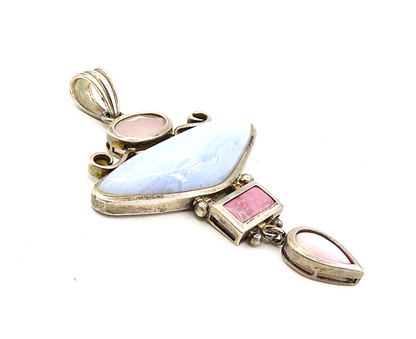925 Sterling Silver  Vintage Agate Mother Of Pearl & Quartz Pendant  PT6453