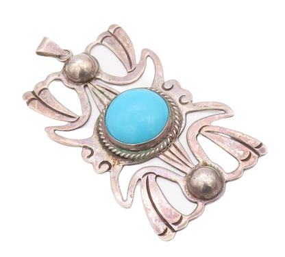 925 Sterling Silver Vintage Pendant MEXICO Designer Blue Turquoise Sun  PT23546