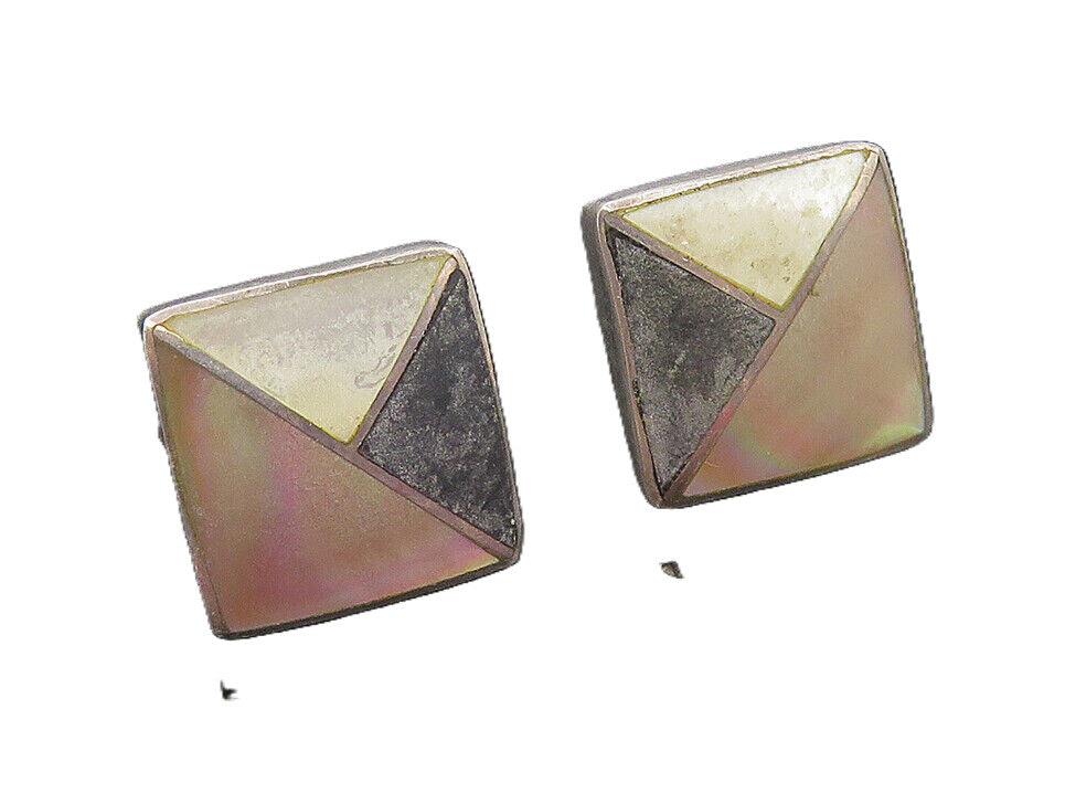 ACLEONI 925 Silver  Vintage Mother Of Pearl Onyx & Abalone Earrings  EG6130
