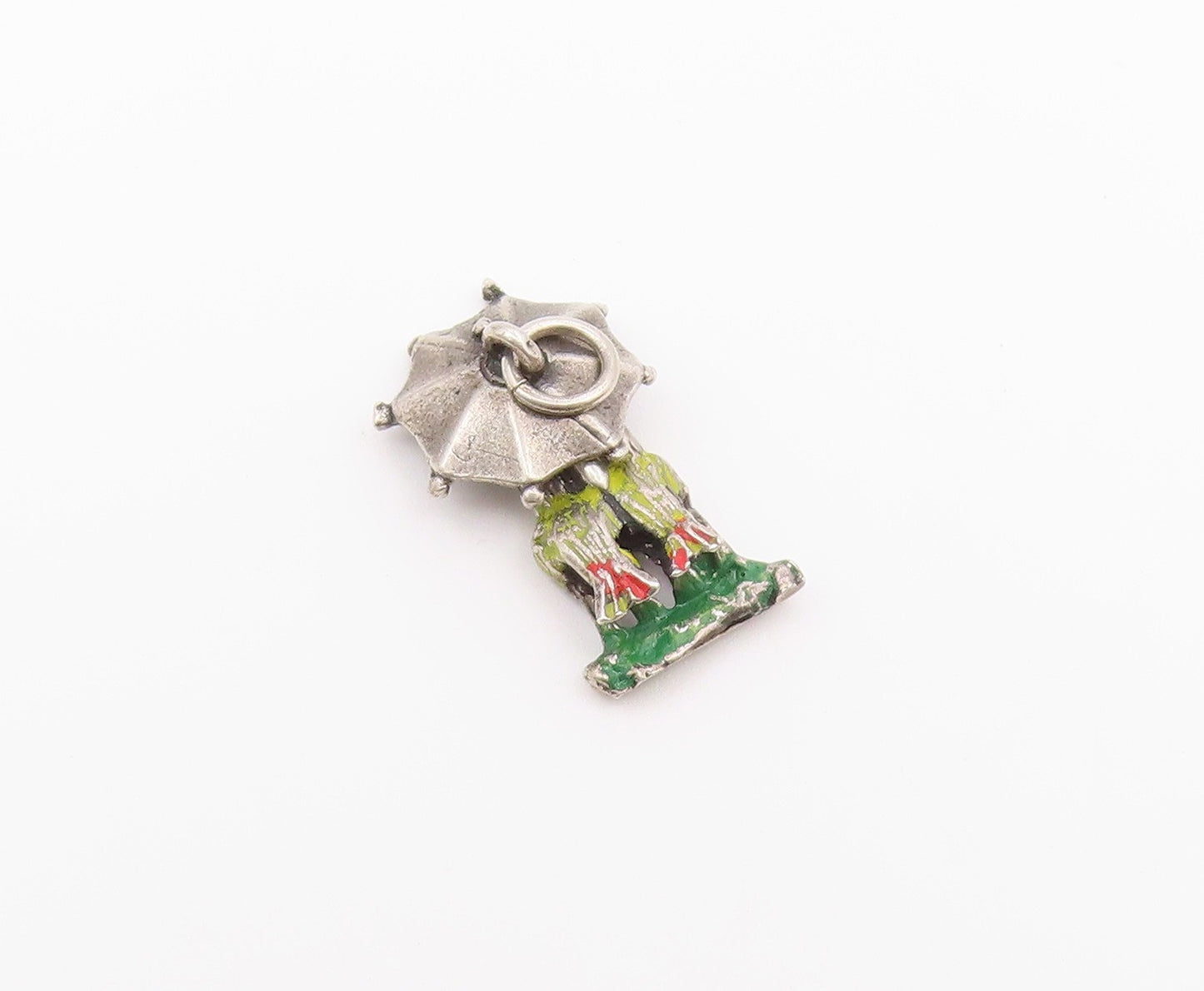 925 Sterling Silver  Vintage Enamel Love Birds Under Umbrella Pendant  PT20726
