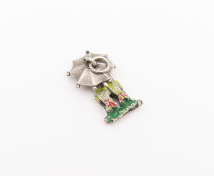 925 Sterling Silver  Vintage Enamel Love Birds Under Umbrella Pendant  PT20726