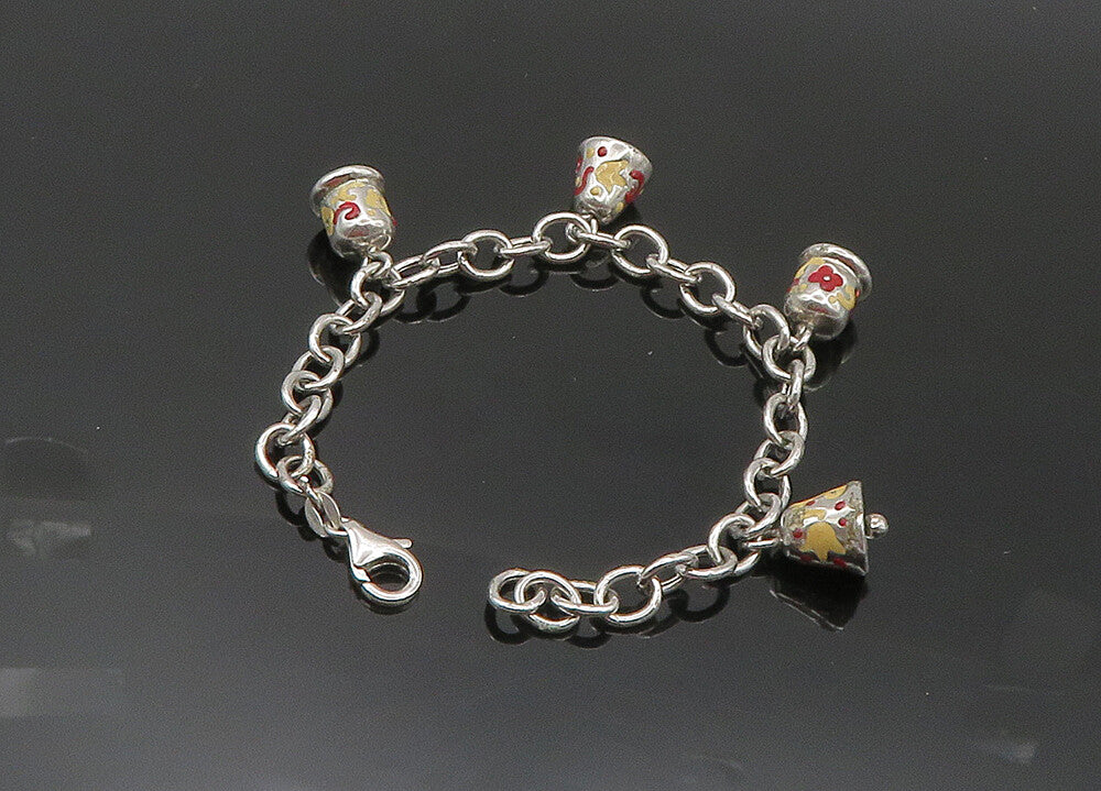 925 Sterling Silver  Vintage Enamel Floral Bell Charms Chain Bracelet  BT8380